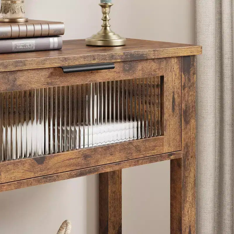 GustoWave Tavolo Consolle in Legno da 43'' per Ingresso, Tavolino da Divano a 2 Livelli con 2 Cassetti in Vetro e Spazio Contenitore, Ideale per Soggiorno e Foyer