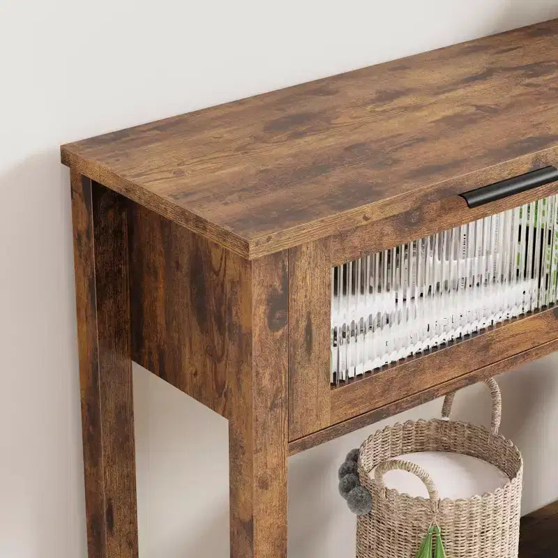 GustoWave Tavolo Consolle in Legno da 43'' per Ingresso, Tavolino da Divano a 2 Livelli con 2 Cassetti in Vetro e Spazio Contenitore, Ideale per Soggiorno e Foyer