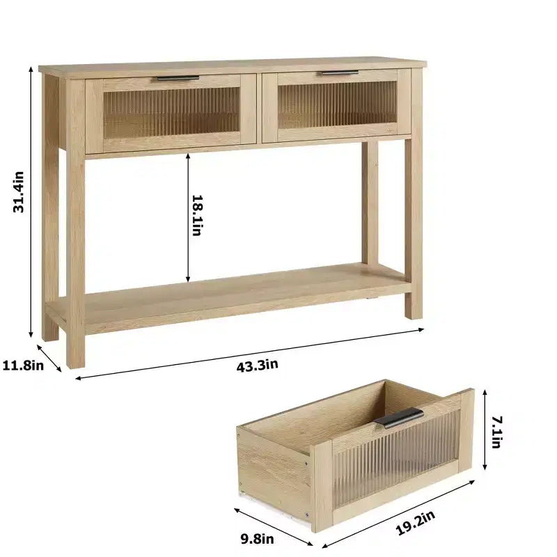 GustoWave Tavolo Consolle in Legno da 43'' per Ingresso, Tavolino da Divano a 2 Livelli con 2 Cassetti in Vetro e Spazio Contenitore, Ideale per Soggiorno e Foyer