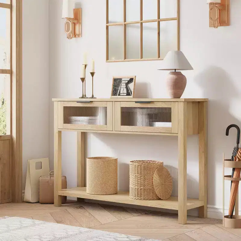 GustoWave Tavolo Consolle in Legno da 43'' per Ingresso, Tavolino da Divano a 2 Livelli con 2 Cassetti in Vetro e Spazio Contenitore, Ideale per Soggiorno e Foyer