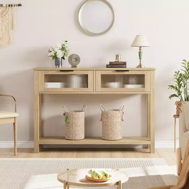 GustoWave Tavolo Consolle in Legno da 43'' per Ingresso, Tavolino da Divano a 2 Livelli con 2 Cassetti in Vetro e Spazio Contenitore, Ideale per Soggiorno e Foyer