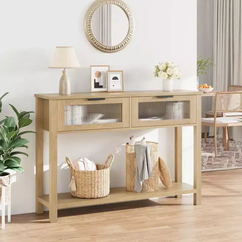 GustoWave Tavolo Consolle in Legno da 43'' per Ingresso, Tavolino da Divano a 2 Livelli con 2 Cassetti in Vetro e Spazio Contenitore, Ideale per Soggiorno e Foyer