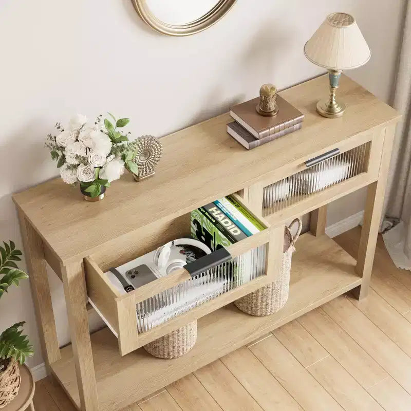 GustoWave Tavolo Consolle in Legno da 43'' per Ingresso, Tavolino da Divano a 2 Livelli con 2 Cassetti in Vetro e Spazio Contenitore, Ideale per Soggiorno e Foyer