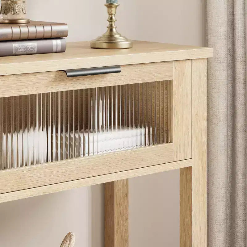 GustoWave Tavolo Consolle in Legno da 43'' per Ingresso, Tavolino da Divano a 2 Livelli con 2 Cassetti in Vetro e Spazio Contenitore, Ideale per Soggiorno e Foyer