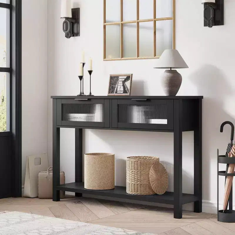 GustoWave Tavolo Consolle in Legno da 43'' per Ingresso, Tavolino da Divano a 2 Livelli con 2 Cassetti in Vetro e Spazio Contenitore, Ideale per Soggiorno e Foyer