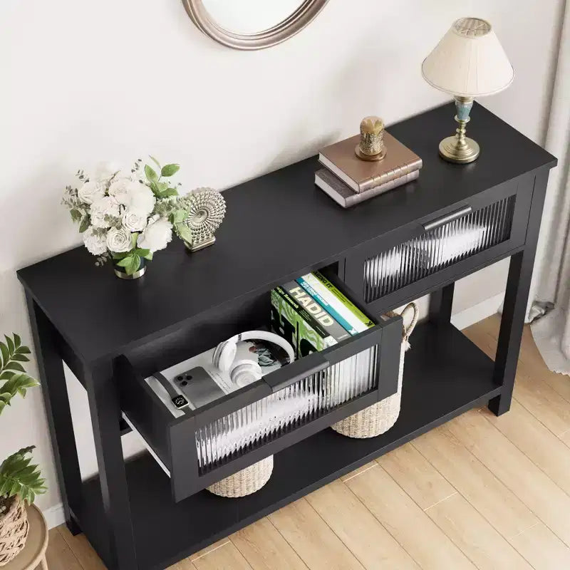 GustoWave Tavolo Consolle in Legno da 43'' per Ingresso, Tavolino da Divano a 2 Livelli con 2 Cassetti in Vetro e Spazio Contenitore, Ideale per Soggiorno e Foyer