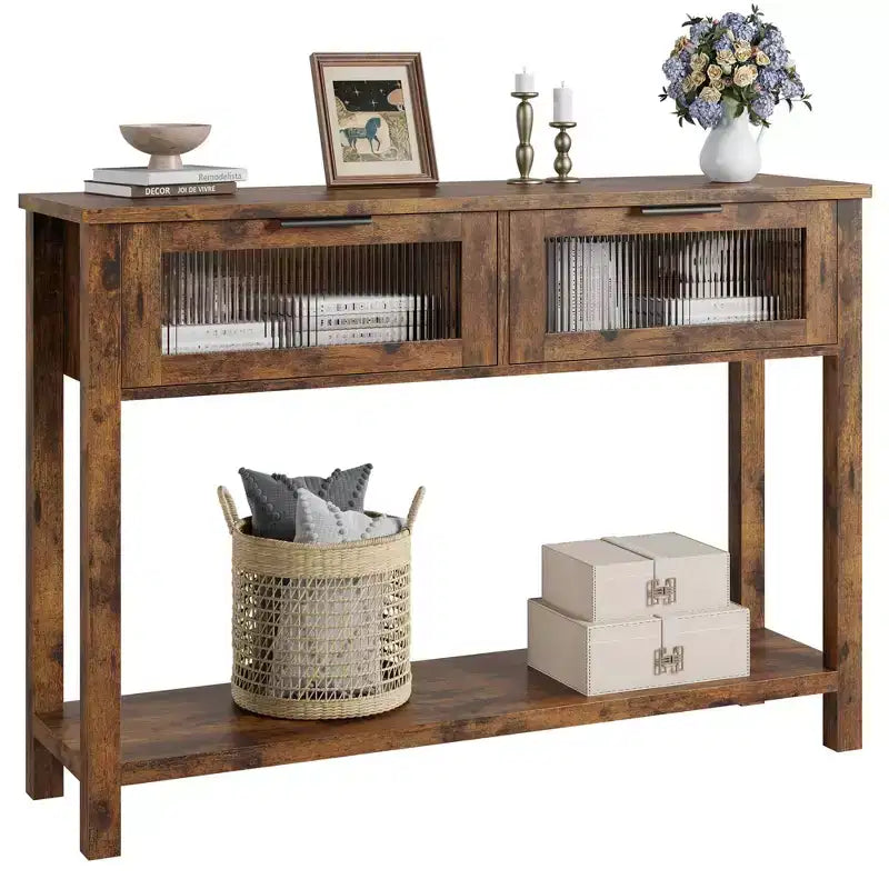 GustoWave Tavolo Consolle in Legno da 43'' per Ingresso, Tavolino da Divano a 2 Livelli con 2 Cassetti in Vetro e Spazio Contenitore, Ideale per Soggiorno e Foyer