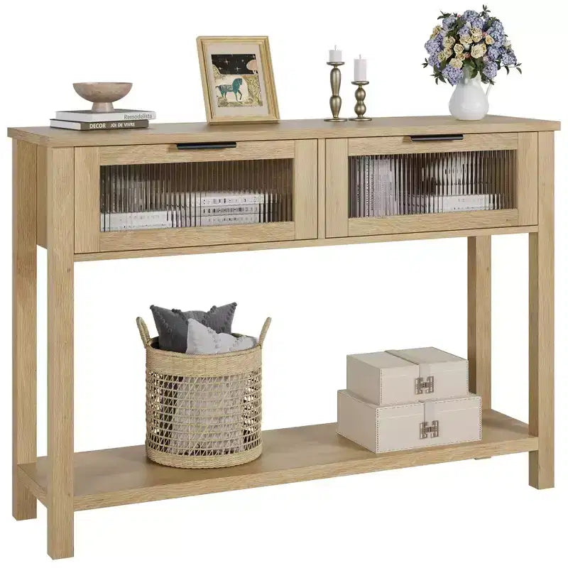 GustoWave Tavolo Consolle in Legno da 43'' per Ingresso, Tavolino da Divano a 2 Livelli con 2 Cassetti in Vetro e Spazio Contenitore, Ideale per Soggiorno e Foyer