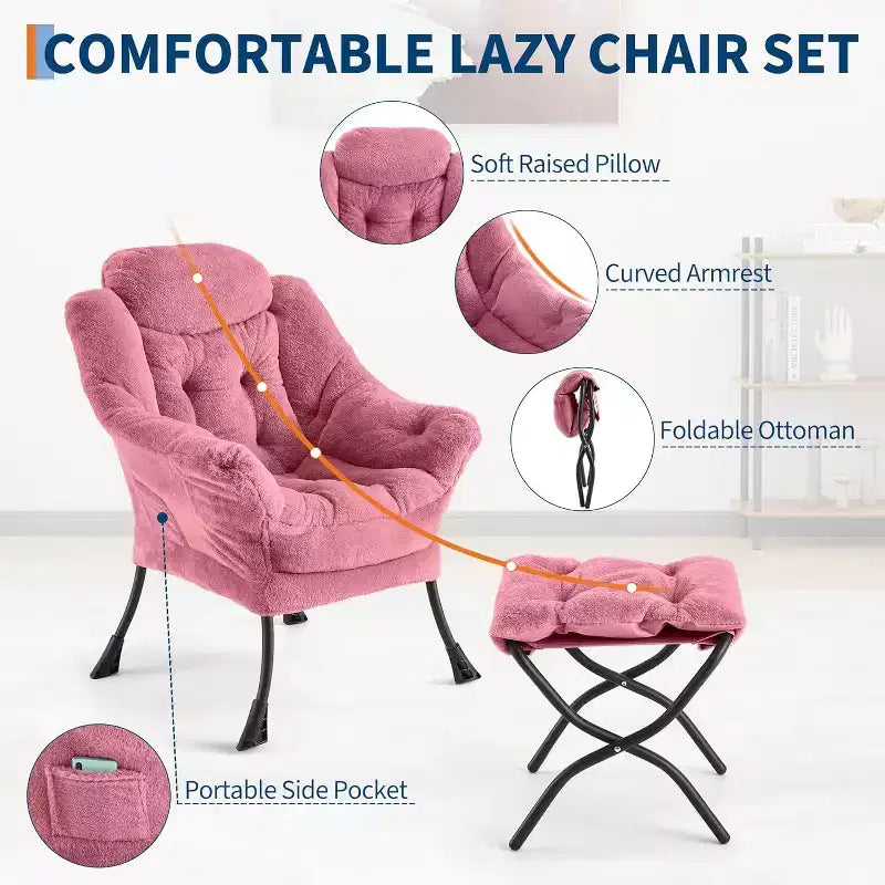 Poltrona da lettura pigra con poggiapiedi, poltrona moderna per salotto, poltrona relax con poggiapiedi, tasca laterale per soggiorno, camera da letto, dormitorio e ufficio