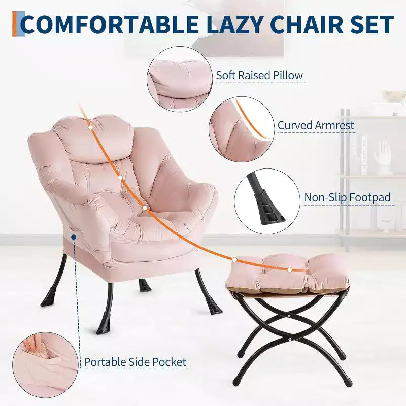 Poltrona da lettura pigra con poggiapiedi, poltrona moderna per salotto, poltrona relax con poggiapiedi, tasca laterale per soggiorno, camera da letto, dormitorio e ufficio