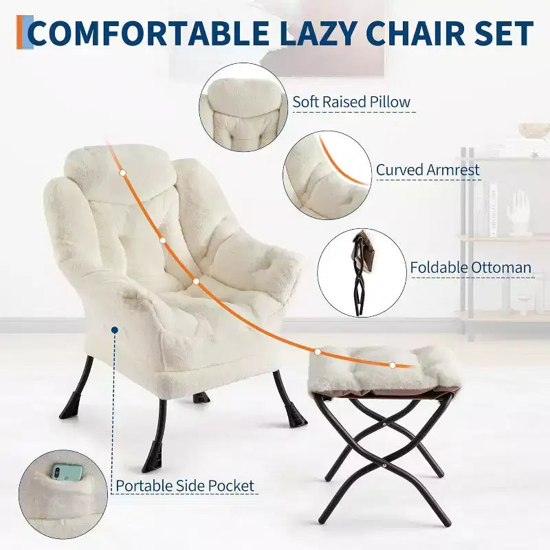 Poltrona da lettura pigra con poggiapiedi, poltrona moderna per salotto, poltrona relax con poggiapiedi, tasca laterale per soggiorno, camera da letto, dormitorio e ufficio