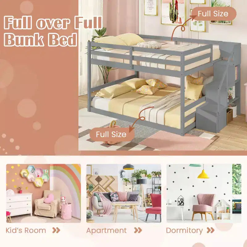 Letto a Castello Basso Costway Full Over Full con Scale Contenitore e Sponde di Sicurezza a Tutta Lunghezza Bianco/Grigio