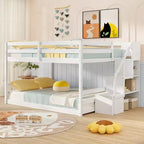 Letto a Castello Basso Costway Full Over Full con Scale Contenitore e Sponde di Sicurezza a Tutta Lunghezza Bianco/Grigio