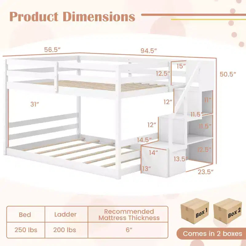 Letto a Castello Basso Costway Full Over Full con Scale Contenitore e Sponde di Sicurezza a Tutta Lunghezza Bianco/Grigio