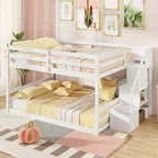 Letto a Castello Basso Costway Full Over Full con Scale Contenitore e Sponde di Sicurezza a Tutta Lunghezza Bianco/Grigio