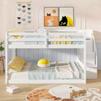 Letto a Castello Basso Costway Full Over Full con Scale Contenitore e Sponde di Sicurezza a Tutta Lunghezza Bianco/Grigio