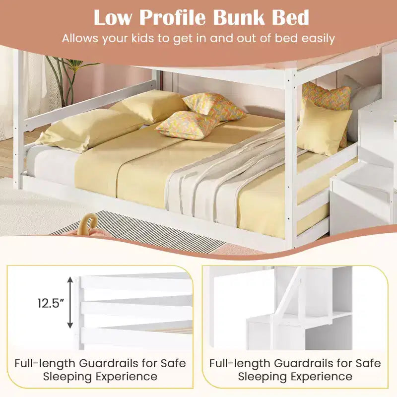 Letto a Castello Basso Costway Full Over Full con Scale Contenitore e Sponde di Sicurezza a Tutta Lunghezza Bianco/Grigio