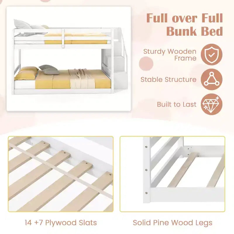 Letto a Castello Basso Costway Full Over Full con Scale Contenitore e Sponde di Sicurezza a Tutta Lunghezza Bianco/Grigio
