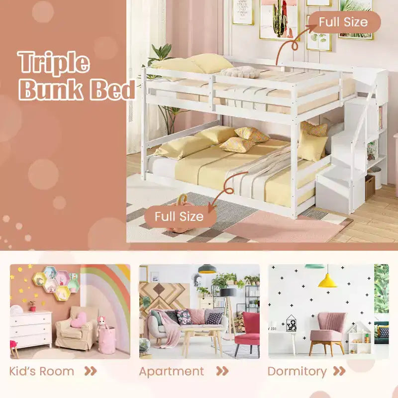 Letto a Castello Basso Costway Full Over Full con Scale Contenitore e Sponde di Sicurezza a Tutta Lunghezza Bianco/Grigio
