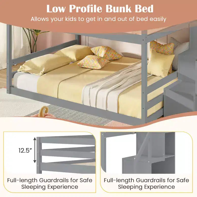 Letto a Castello Basso Costway Full Over Full con Scale Contenitore e Sponde di Sicurezza a Tutta Lunghezza Bianco/Grigio