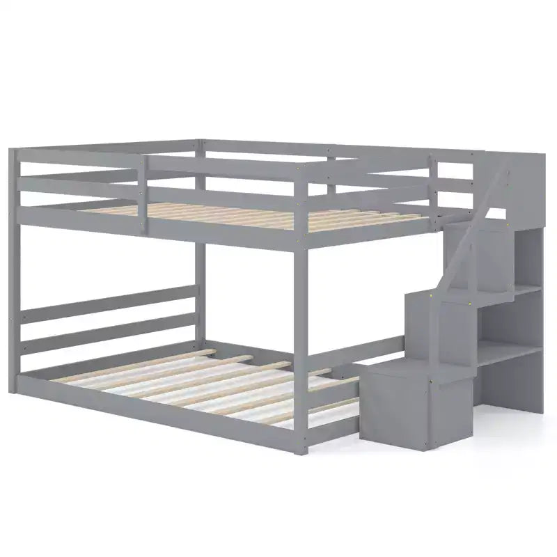 Costway Full Over Full Low Bunk Bed with Storage Stairs with Full-length Guardrails White/Gray