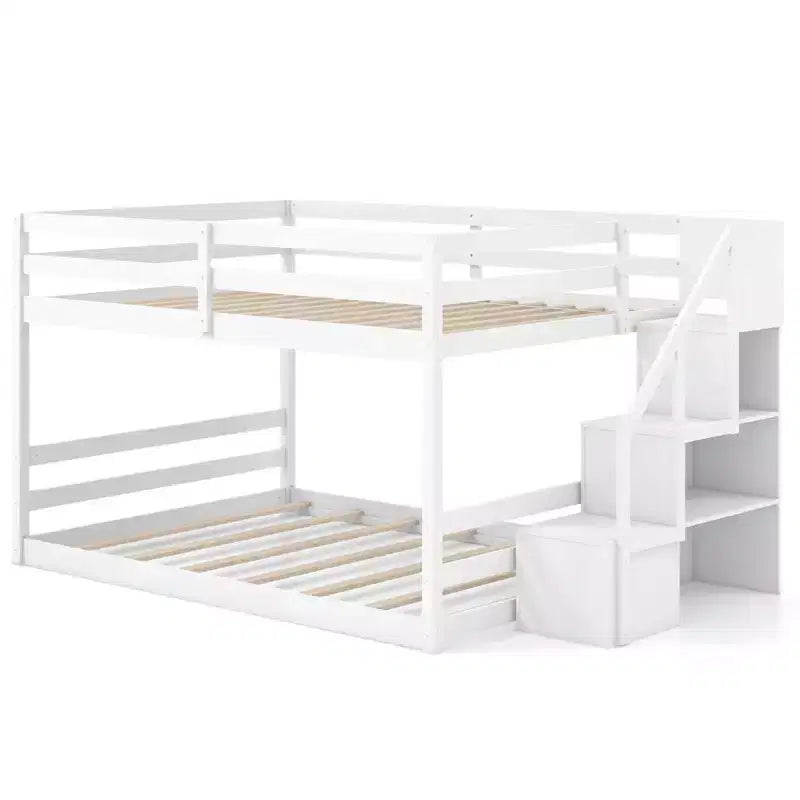 Costway Full Over Full Low Bunk Bed with Storage Stairs with Full-length Guardrails White/Gray