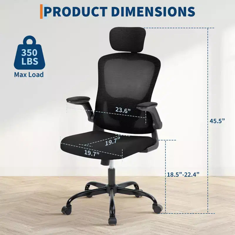 Sedia da ufficio ergonomica con schienale alto in rete, poggiatesta e supporto lombare regolabili, braccioli ribaltabili