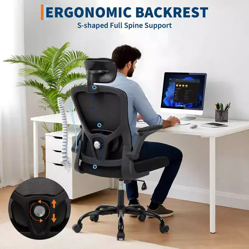 Sedia da ufficio ergonomica con schienale alto in rete, poggiatesta e supporto lombare regolabili, braccioli ribaltabili