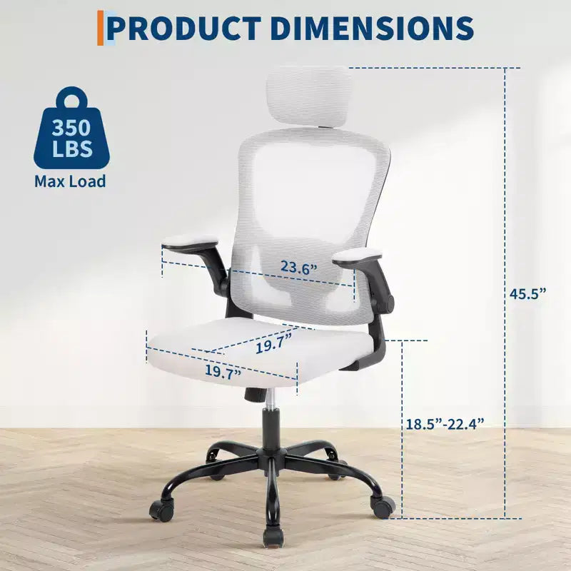Sedia da ufficio ergonomica con schienale alto in rete, poggiatesta e supporto lombare regolabili, braccioli ribaltabili