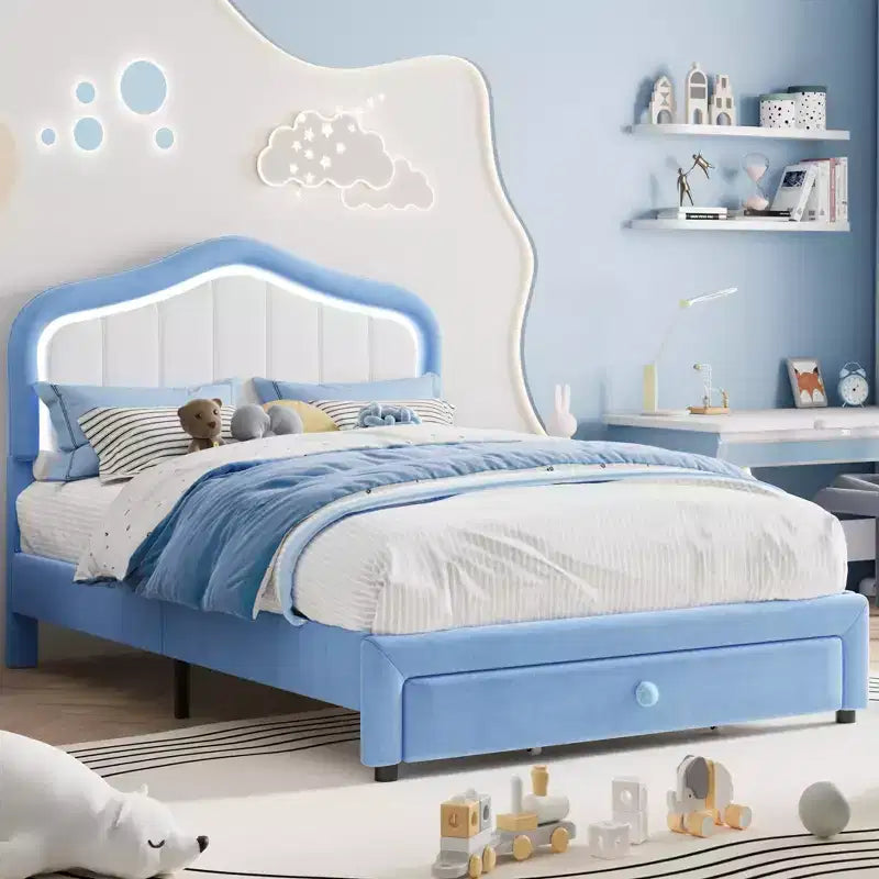Twin Size Bed Frame with Storage Drawer,Upholstered Platform Bed Frame with Wooden Slats Support, Easy Assembly,No Box Spring Needed, for Kids