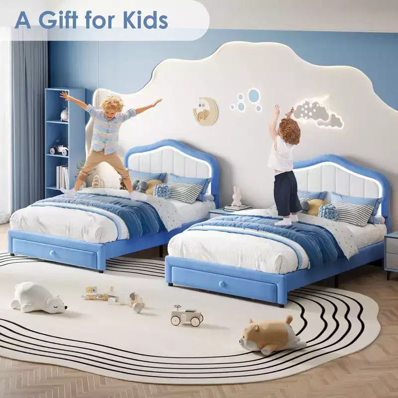 Struttura Letto Singolo con Cassetti Contenitori, Base Letto Imbottita con Doghe in Legno, Facile Montaggio, Nessuna Molla Richiesta, per Bambini