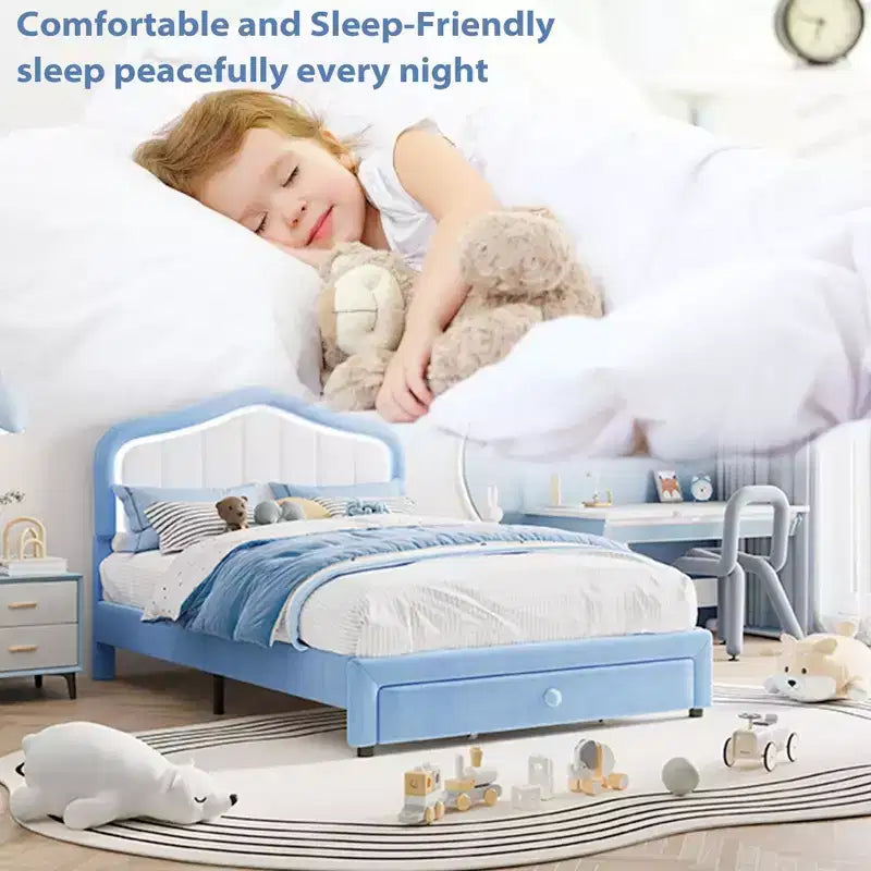 Struttura Letto Singolo con Cassetti Contenitori, Base Letto Imbottita con Doghe in Legno, Facile Montaggio, Nessuna Molla Richiesta, per Bambini