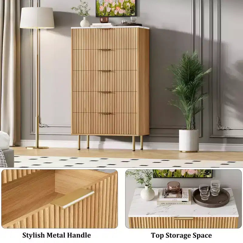 Cassettiera a 5 cassetti per camera da letto, cassettiera alta in legno da 47 pollici con maniglia dorata, organizer con cassetti scanalati, cassettiera per armadio