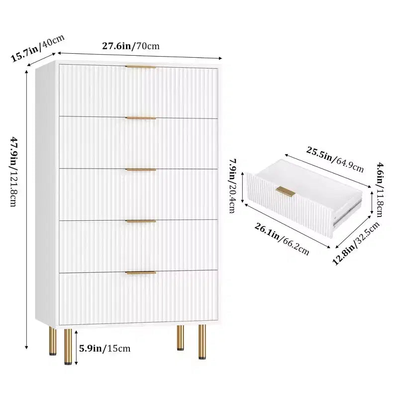 Cassettiera a 5 cassetti per camera da letto, cassettiera alta in legno da 47 pollici con maniglia dorata, organizer con cassetti scanalati, cassettiera per armadio
