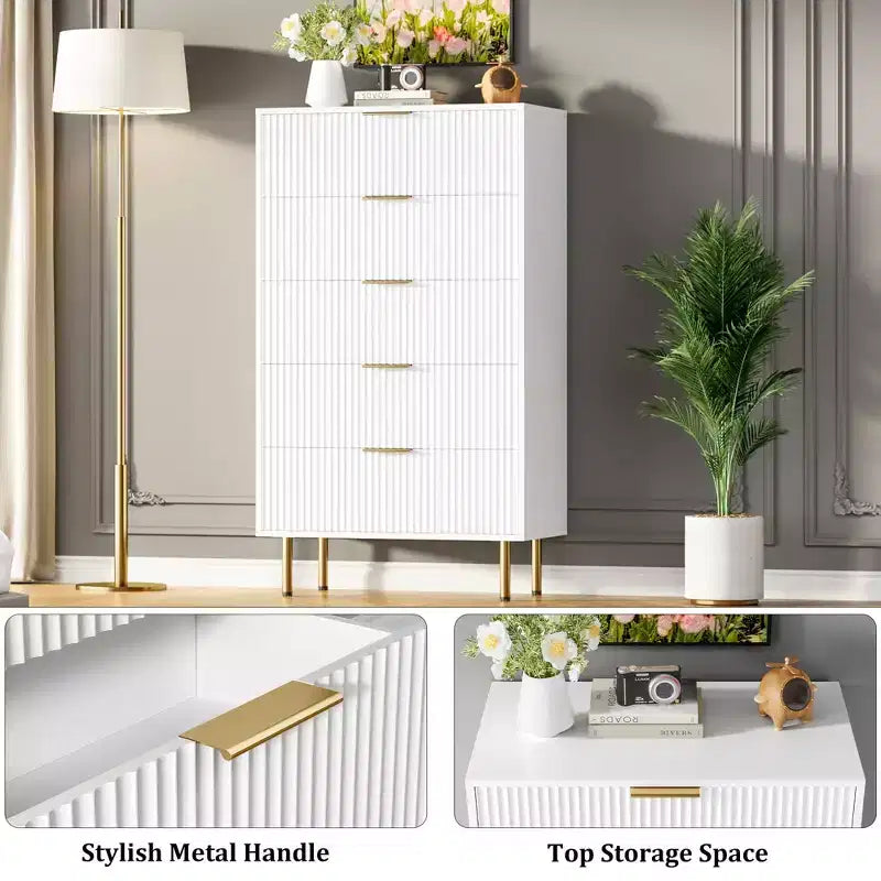 Cassettiera a 5 cassetti per camera da letto, cassettiera alta in legno da 47 pollici con maniglia dorata, organizer con cassetti scanalati, cassettiera per armadio