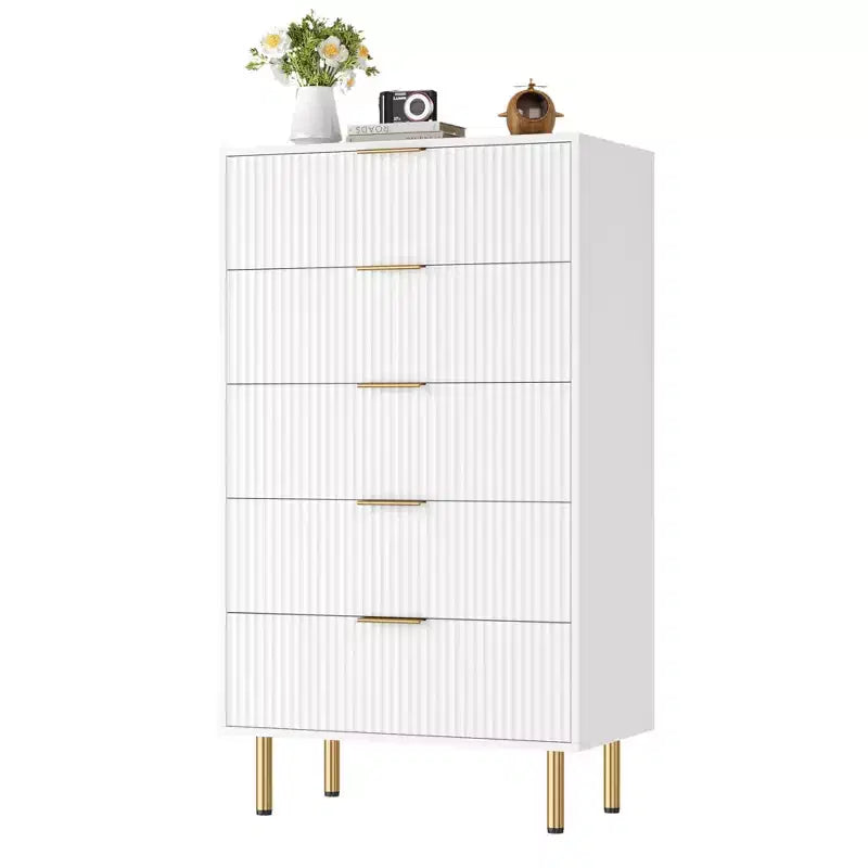 Cassettiera a 5 cassetti per camera da letto, cassettiera alta in legno da 47 pollici con maniglia dorata, organizer con cassetti scanalati, cassettiera per armadio