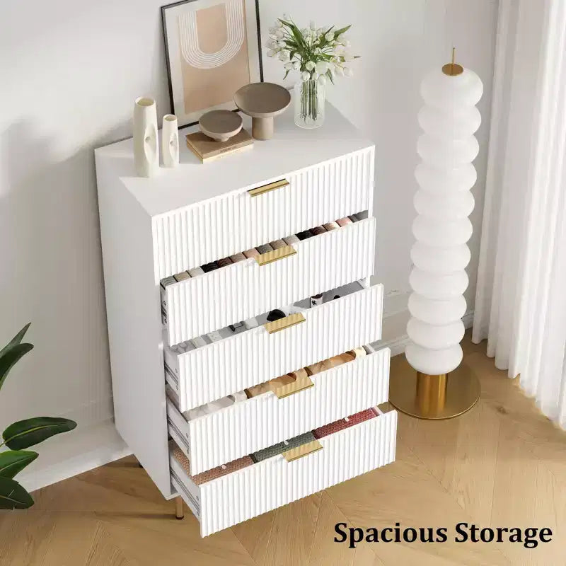 Cassettiera a 5 cassetti per camera da letto, cassettiera alta in legno da 47 pollici con maniglia dorata, organizer con cassetti scanalati, cassettiera per armadio