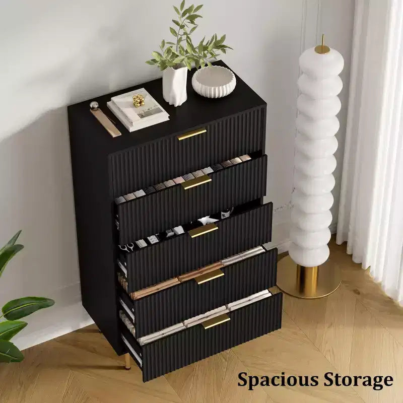 Cassettiera a 5 cassetti per camera da letto, cassettiera alta in legno da 47 pollici con maniglia dorata, organizer con cassetti scanalati, cassettiera per armadio