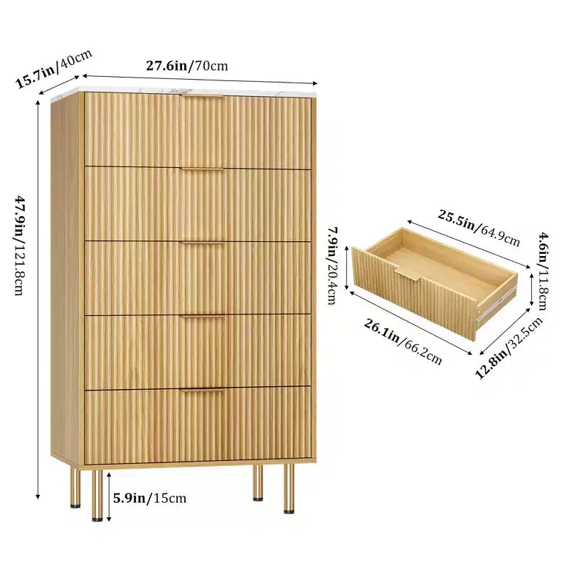 Cassettiera a 5 cassetti per camera da letto, cassettiera alta in legno da 47 pollici con maniglia dorata, organizer con cassetti scanalati, cassettiera per armadio