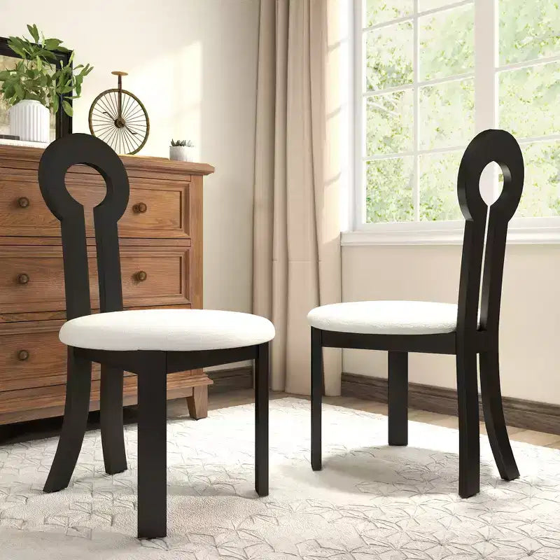 Sedia da pranzo vintage in legno massello di gomma, design senza braccioli, rivestimento in morbido tessuto effetto pecora, set da 2, colore nero, perfetta per stanze piccole