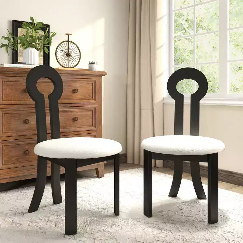 Vintage Rubber Solid Wood Dining Chair, Armless Design, Plush Sheep Fabric, Set of 2, Black Color, Perfect for Small Rooms