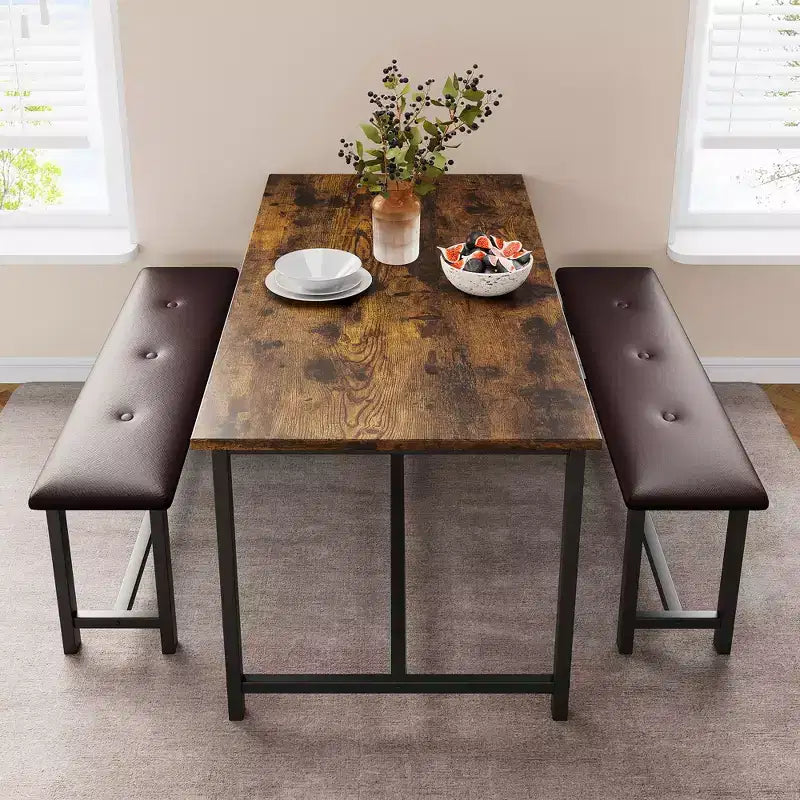 COZONY Set Tavolo da Pranzo per 4 con 2 Panche Imbottite - Set Tavolo da Cucina Rettangolare per Piccoli Spazi, Appartamenti