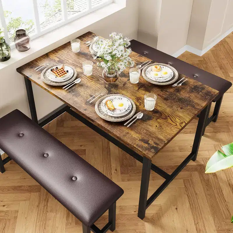 COZONY Set Tavolo da Pranzo per 4 con 2 Panche Imbottite - Set Tavolo da Cucina Rettangolare per Piccoli Spazi, Appartamenti