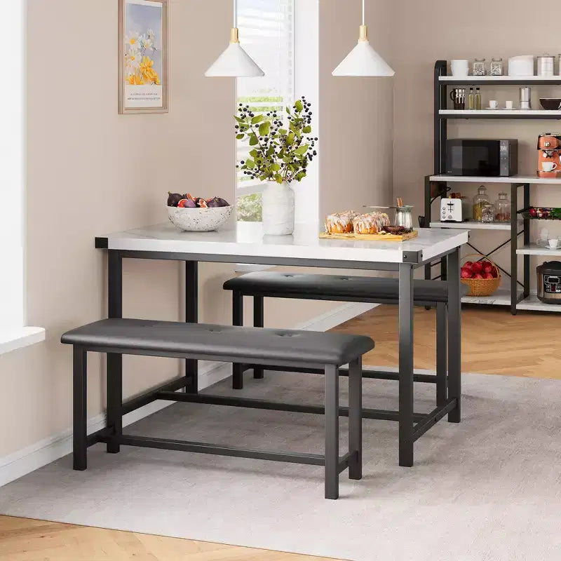 COZONY Set Tavolo da Pranzo per 4 con 2 Panche Imbottite - Set Tavolo da Cucina Rettangolare per Piccoli Spazi, Appartamenti