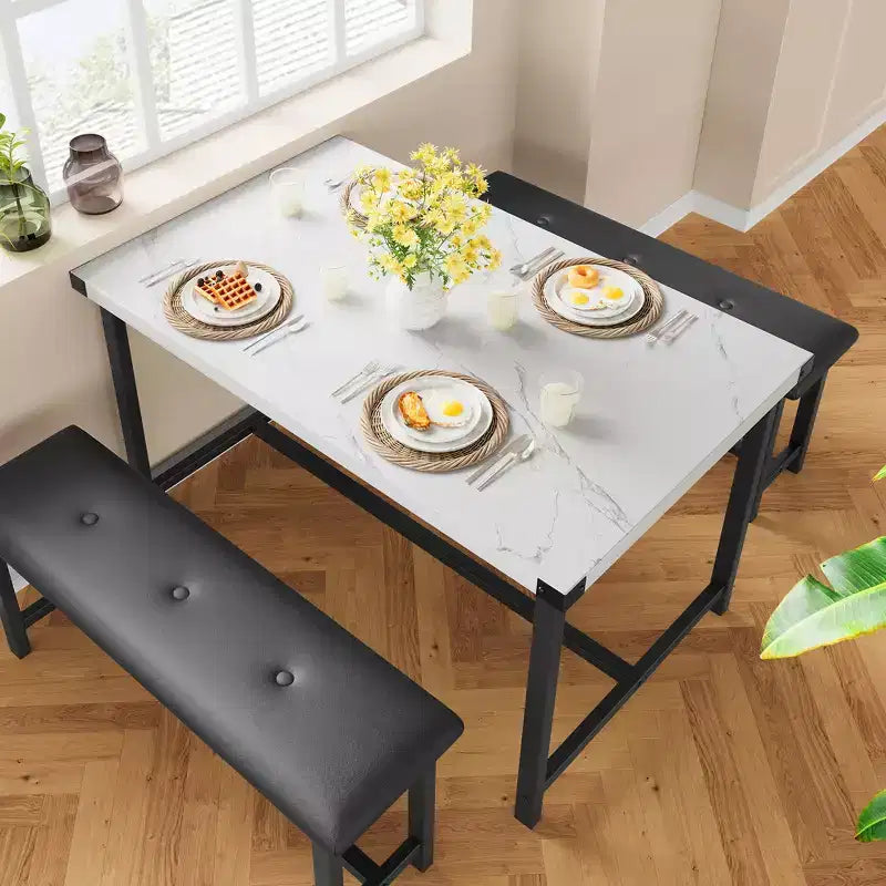 COZONY Set Tavolo da Pranzo per 4 con 2 Panche Imbottite - Set Tavolo da Cucina Rettangolare per Piccoli Spazi, Appartamenti