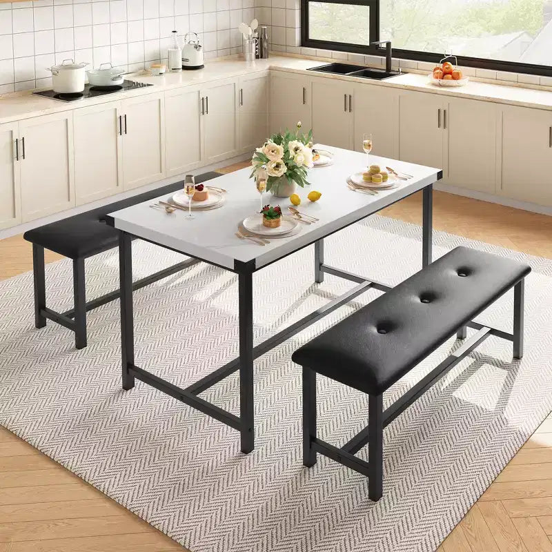 COZONY Set Tavolo da Pranzo per 4 con 2 Panche Imbottite - Set Tavolo da Cucina Rettangolare per Piccoli Spazi, Appartamenti