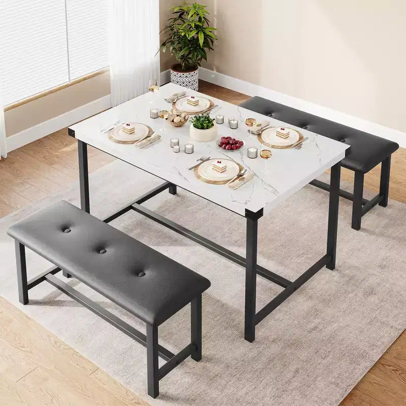 COZONY Set Tavolo da Pranzo per 4 con 2 Panche Imbottite - Set Tavolo da Cucina Rettangolare per Piccoli Spazi, Appartamenti