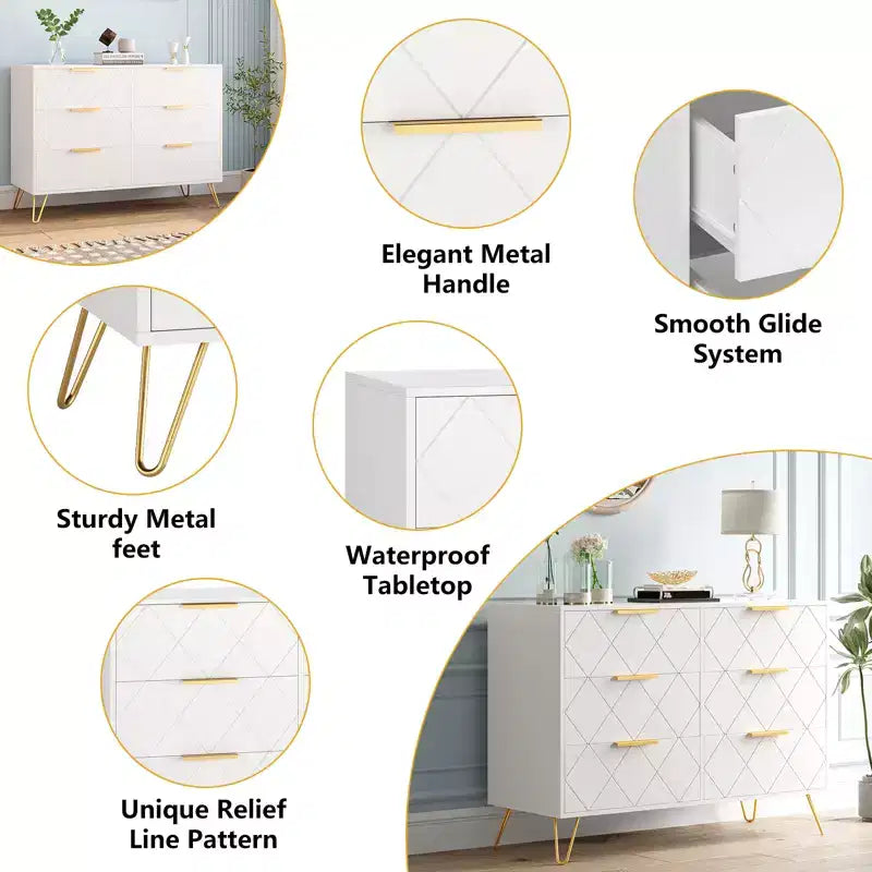 Wood 6 Drawers Dresser for Closet, Hallway, Living Room, Nursery