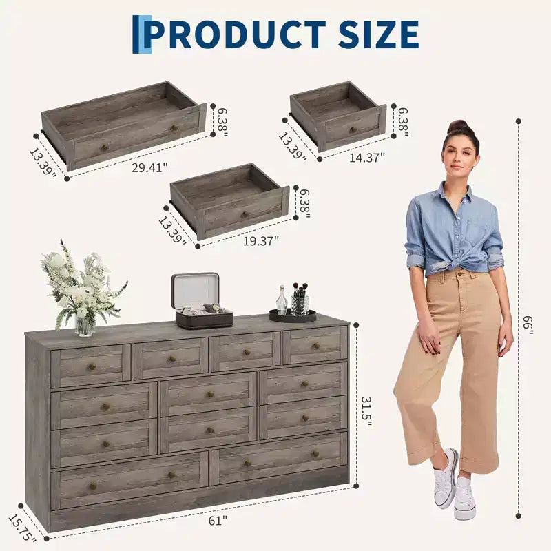 GustoWave Modern Comodino a 12 cassetti, Comò in Legno per Camera da Letto, Cassettiera in Legno per Vestiti, Organizzatore per Soggiorno, Comò Porta TV