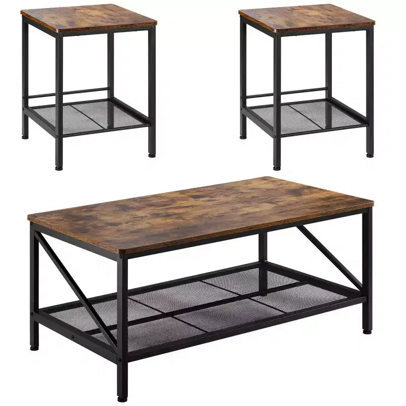 VEVOR 3 Pieces Living Room Table Sets, 41.3 in Industrial Coffee Table with 2 Square End Side Tables, Brown&Black